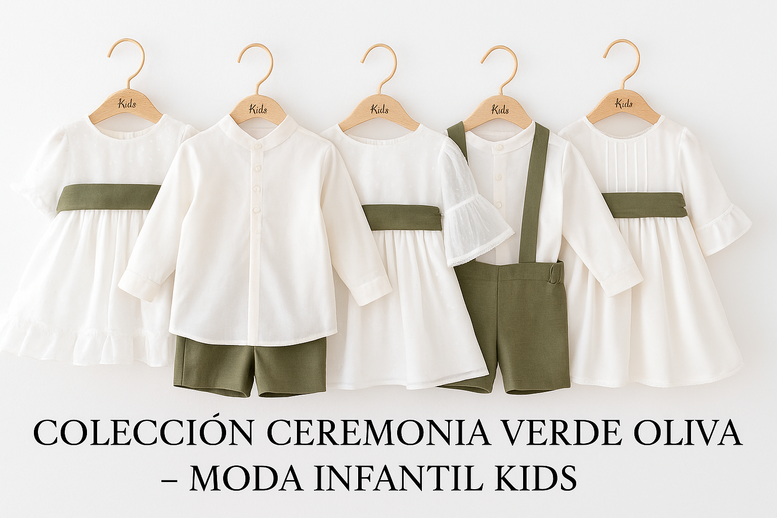 Moda infantil de ceremonia 2025-2026: vestidos y conjuntos en verde oliva para niños y niñas