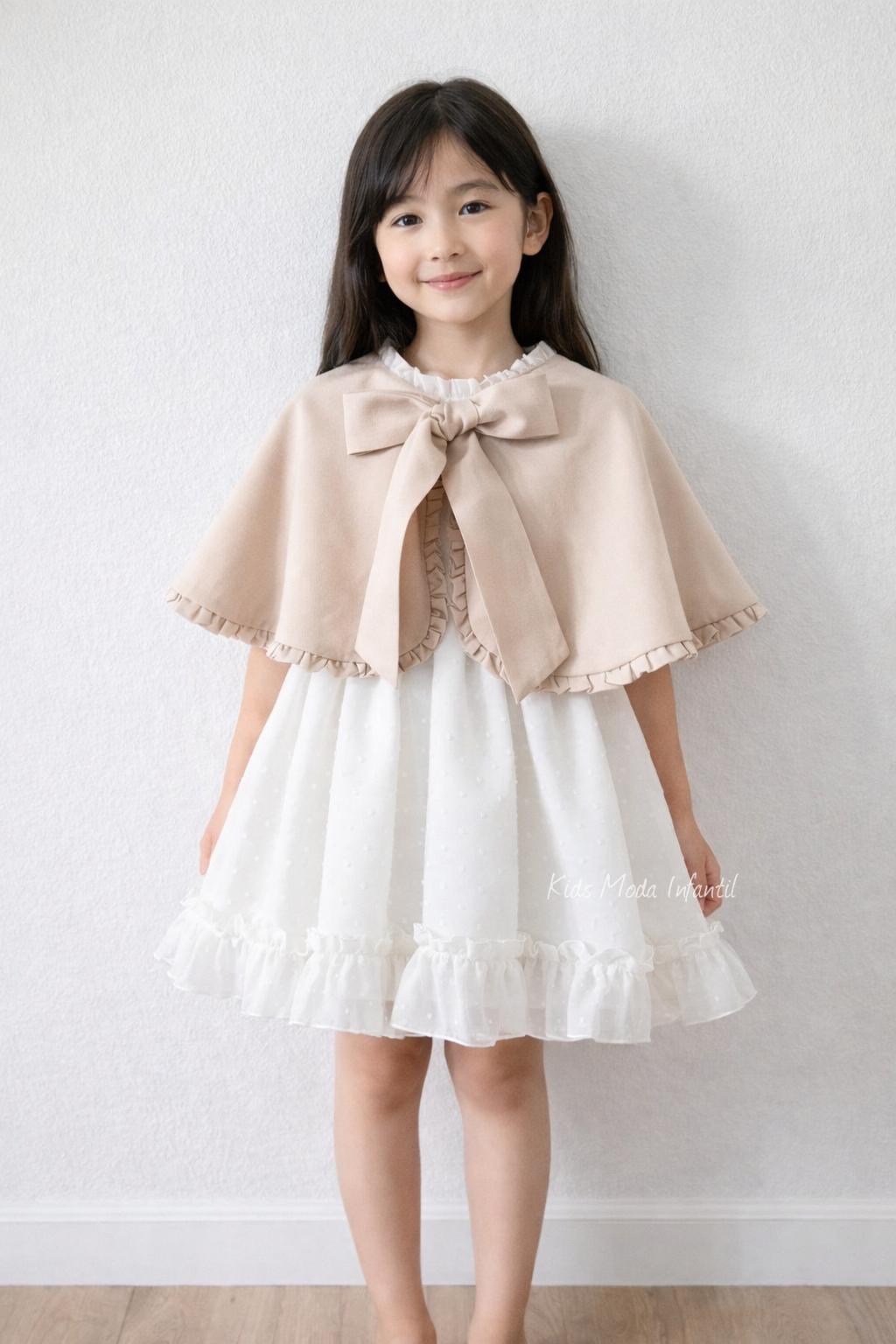 Vestido arras niña plumeti cristal con fajín lino camel Eva Martinez Artesanía 32111