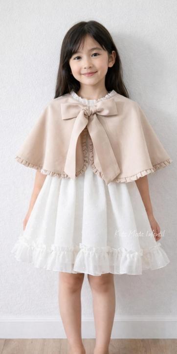 Vestido arras niña plumeti cristal con fajín lino camel Eva Martinez Artesanía 32111