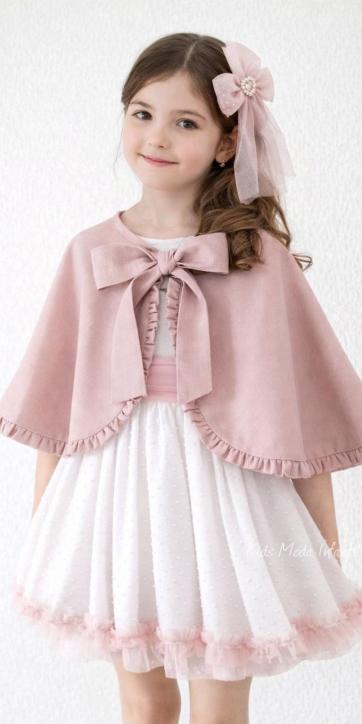 Vestido ceremonia niña de media manga plumeti blanco con fajín tul rosa empolvado Eva Martínez Artesanía [4]