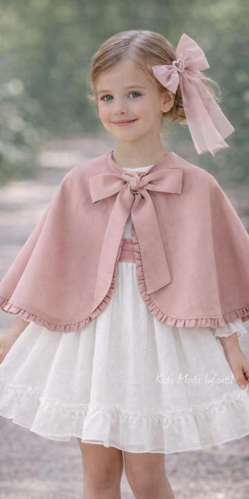 Vestido ceremonia niña manga larga plumeti cristal y fajín rosa empolvado 32111ML [2]