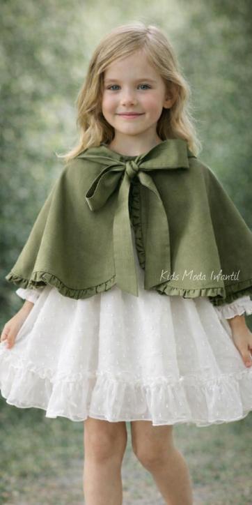 Vestido ceremonia arras niña manga larga plumeti cristal y fajín lino verde oliva 32111ML [4]