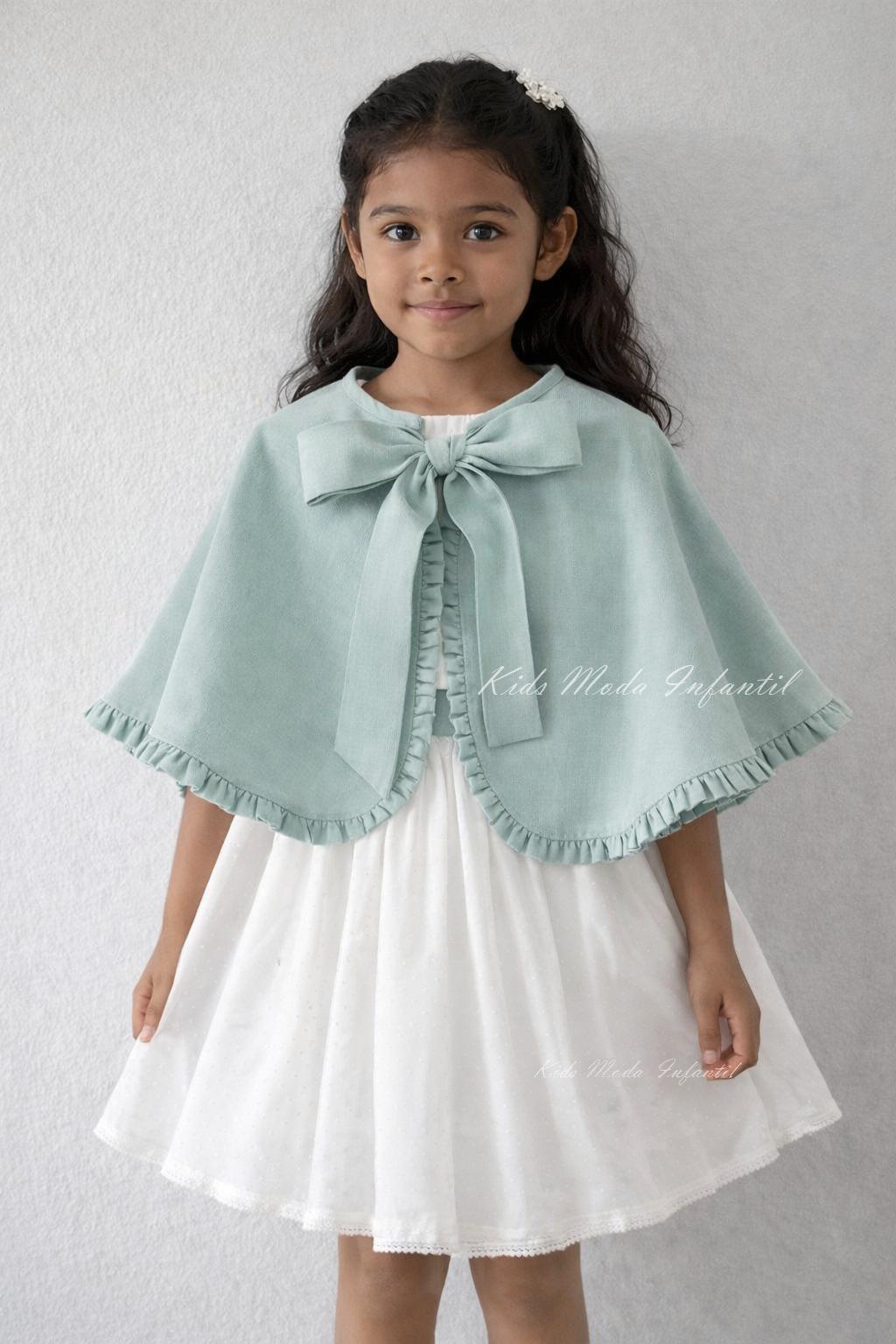Vestido arras niña blanco tul con fajín lino verde agua Coco Acqua Ceremonia 60444