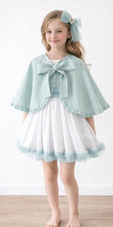 Vestido ceremonia niña de media manga plumeti blanco con fajín tul verde agua Eva Martínez Artesanía [7]