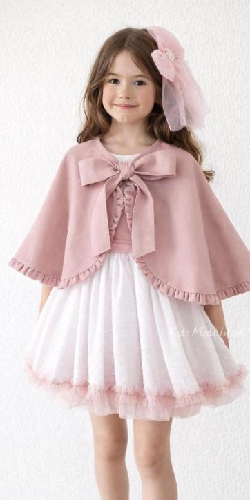 Vestido ceremonia niña de plumeti blanco con fajín tul rosa empolvado Eva Martínez Artesanía [4]