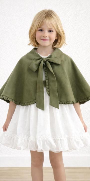 Vestido arras niña plumeti cristal con fajín lino verde oliva Eva Martinez Artesanía 32111 [4]