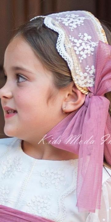 Diadema ceremonia niña con tul bordado y tul al tono - Capota ceremonia niña Eva Martínez Artesanía - Personalizable