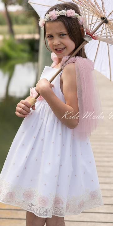 Vestido ceremonia niña tul topos con lazadas rosa empolvado de Coco Acqua Ceremonia