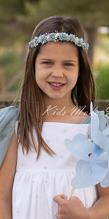 Corona ceremonia niña de flores pequeñas azules y ramilletes beige Coco Acqua Ceremonia [2]