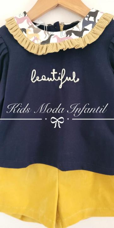 Conjunto niña camiseta marino beautiful con short mostaza de Coco Acqua Moda Infantil [1]