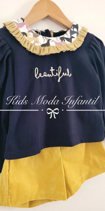 Conjunto niña camiseta marino beautiful con short mostaza de Coco Acqua Moda Infantil [3]
