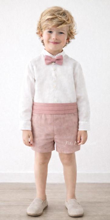 Conjunto ceremonia bebe camisa blanco roto lino y pantalón corto rosa empolvado Eva Martínez Artesanía [4]