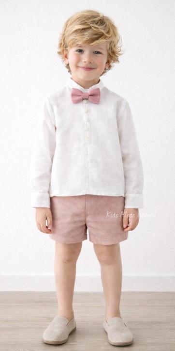 Conjunto ceremonia bebe camisa blanco roto lino y pantalón corto rosa empolvado Eva Martínez Artesanía [2]