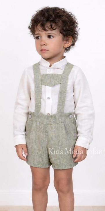 Conjunto Ceremonia Niño Lino Blanco Roto y Verde Oliva con Peto | Nekenia – 2521500-2621103