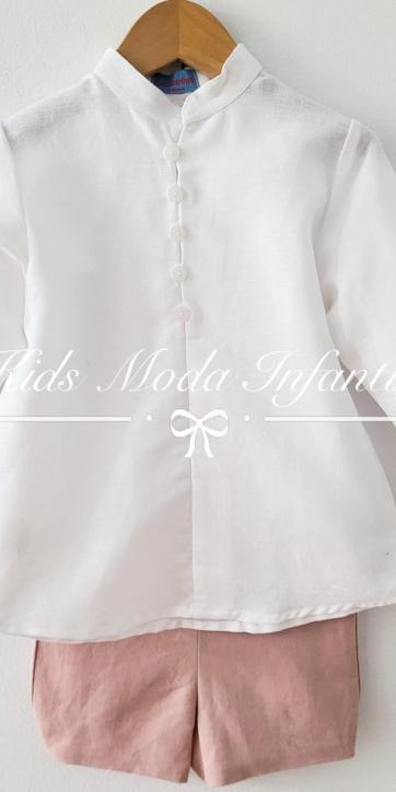 Conjunto bebe vestir ceremonia camisa blanco roto lino y pantalón corto rosa empolvado Eva Martínez Artesanía [3]