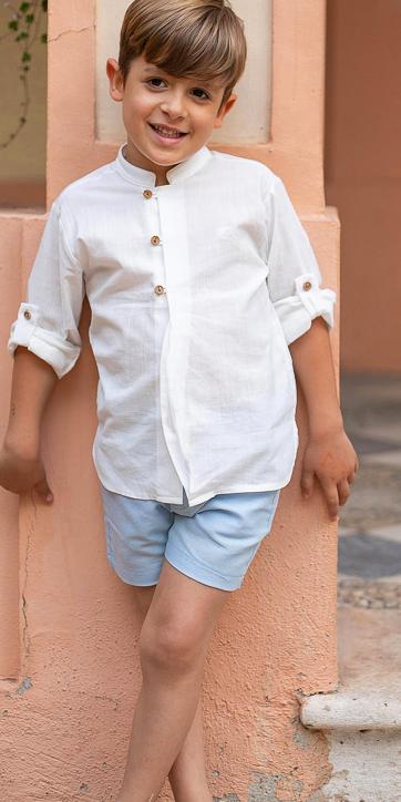 Conjunto ceremonia niño camisa lino blanco roto y bermuda azul empolvado coco acqua 60449 [3]