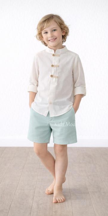 Conjunto ceremonia niño lino blanco roto y bermuda verde agua Basmarti | Kids Moda Infantil [2]