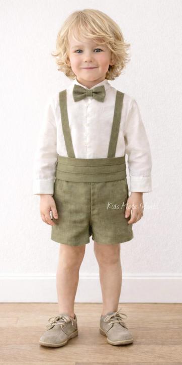 Conjunto ceremonia niño camisa y peto con tirantes verde oliva de Eva Martinez Artesanía [4]