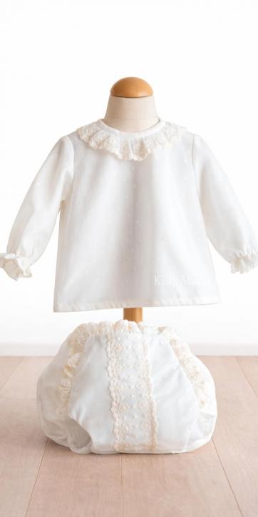 Conjunto de bautizo para bebé en tul beige manga larga – Familia 1 | Eva Martínez Artesanía | Kids Moda Infantil [1]