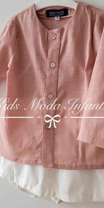 Conjunto bebe y niño arras camisa lino rosa empolvado y pantalón blanco roto Basmartí [1]