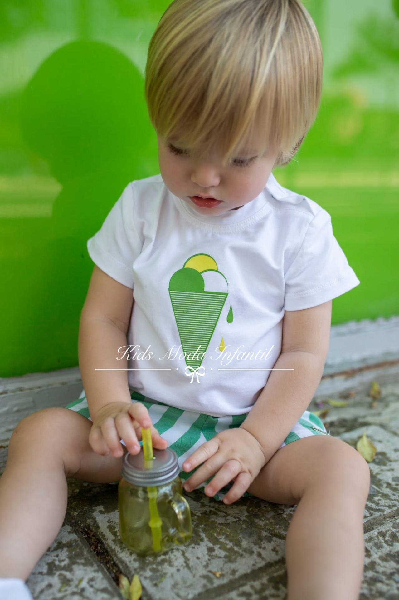 Conjunto bebe camiseta helado con short de rayas verdes y blanca Nekenia