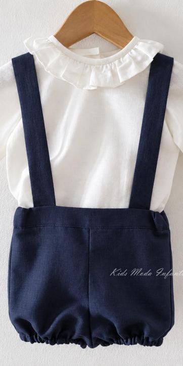 Conjunto bebé niño camisa canastilla y peto con tirantes azul marino Eva Martínez Artesanía [1]