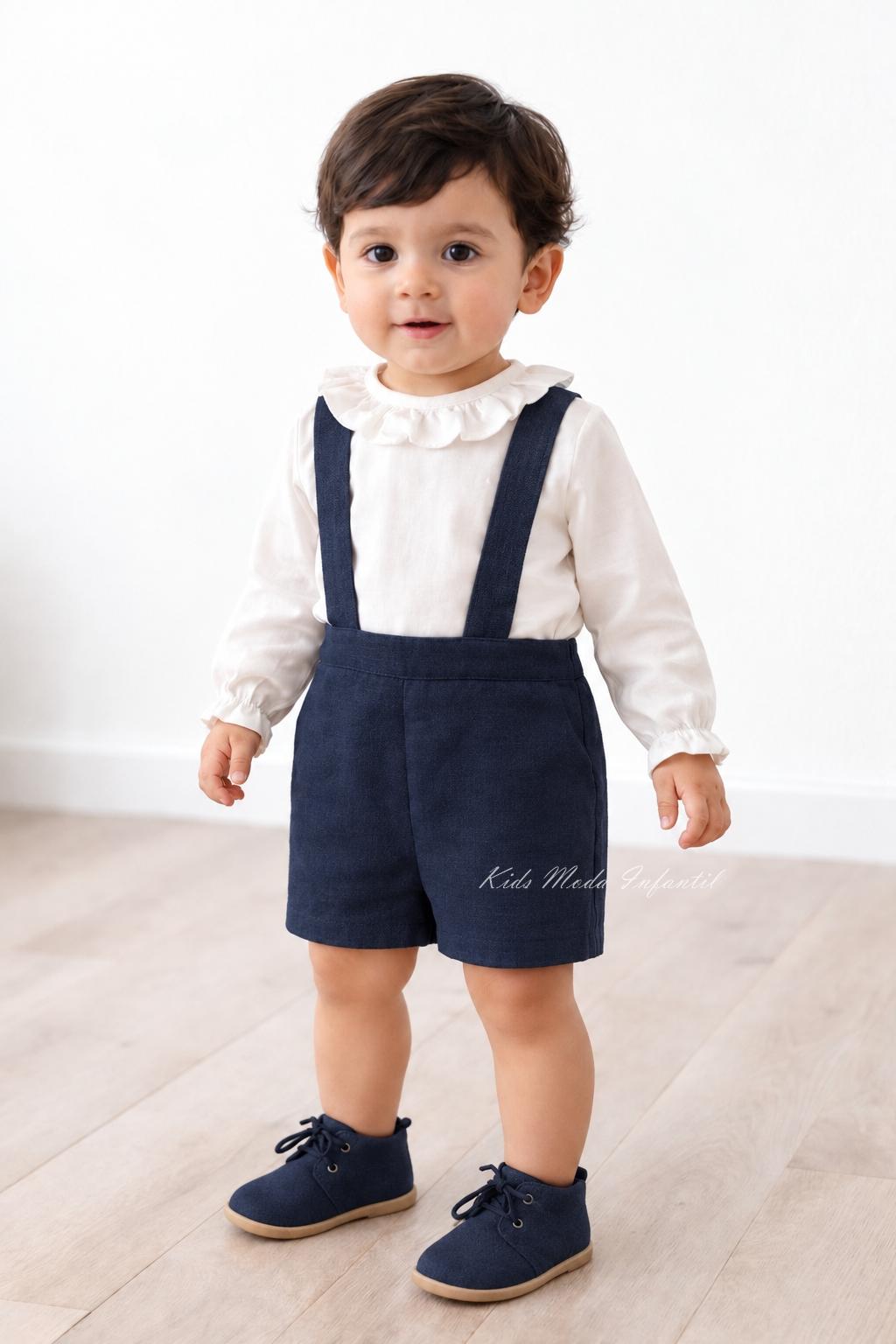 Conjunto ceremonia y arras niño camisa canastilla y peto con tirantes azul marino Eva Martínez Artesanía