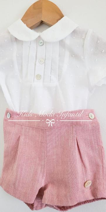 Conjunto bebé camisa plumeti y short rosa empolvado Basmartí [2]
