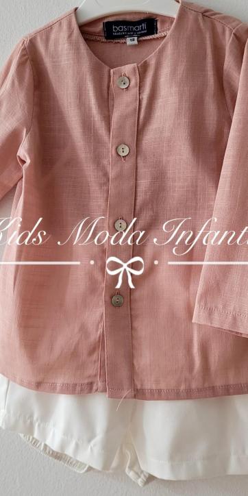 Conjunto bebe y niño arras camisa lino rosa empolvado y pantalón blanco roto Basmartí [2]