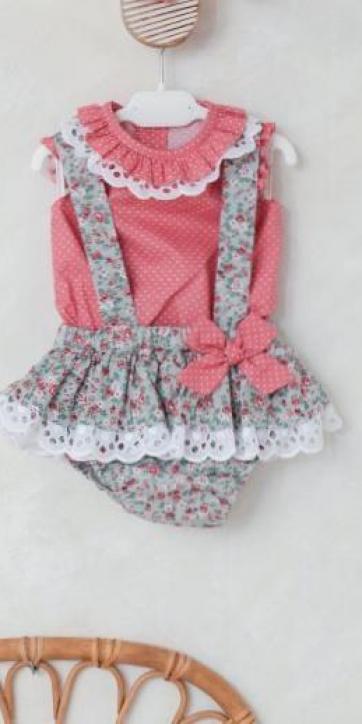Conjunto bebé niña falda estampada flores con tirantes y blusa Cuka