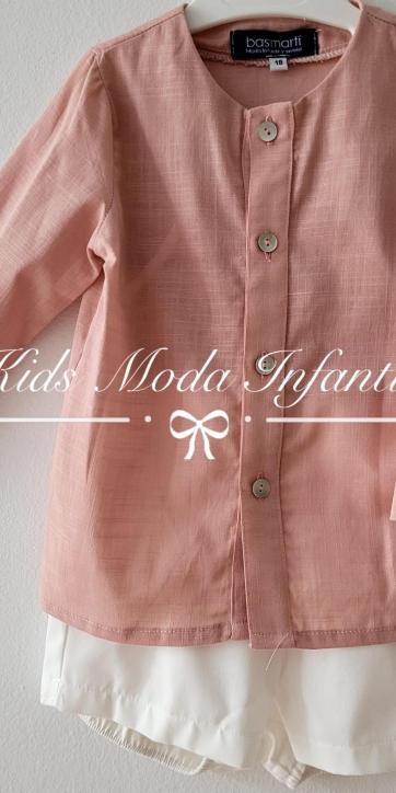 Conjunto bebe y niño arras camisa lino rosa empolvado y pantalón blanco roto Basmartí [3]