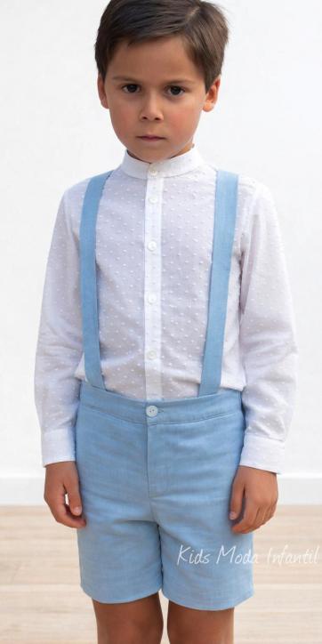 Conjunto ceremonia niño camisa plumeti y bermuda con tirantes azul de Eva Martinez Artesania