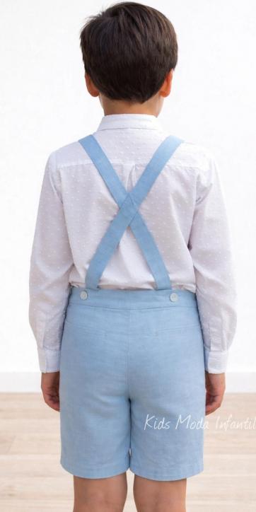 Conjunto ceremonia niño camisa plumeti y bermuda con tirantes azul de Eva Martinez Artesania [2]