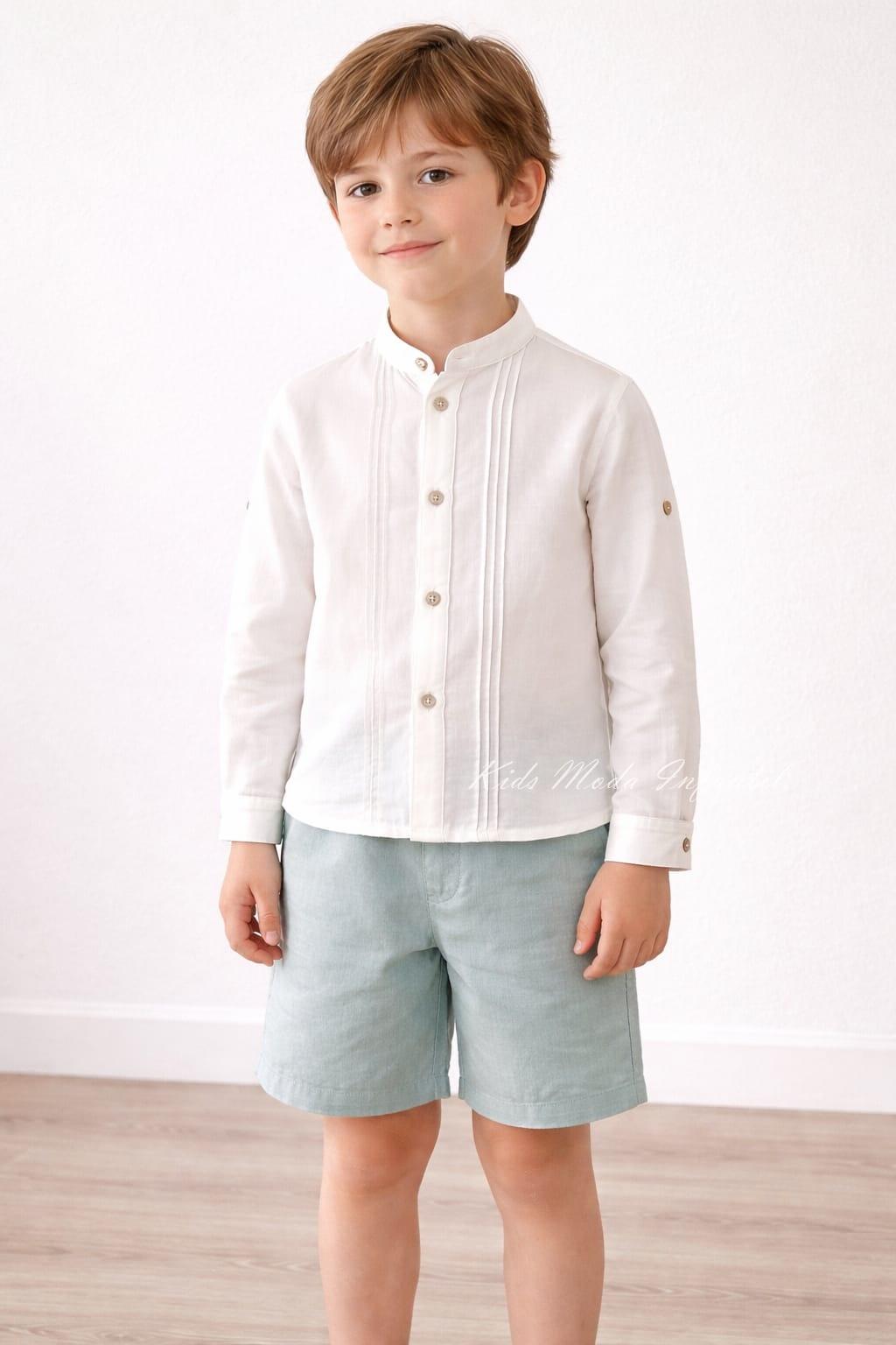 Conjunto ceremonia niño lino blanco roto y verde empolvado Basmarti 25133-25134