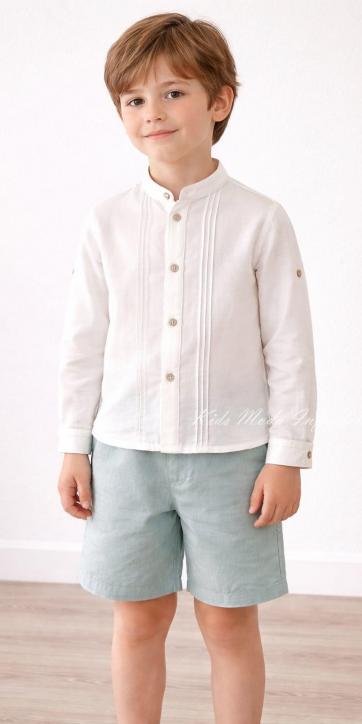 Conjunto ceremonia niño lino blanco roto y verde empolvado Basmarti 25133-25134