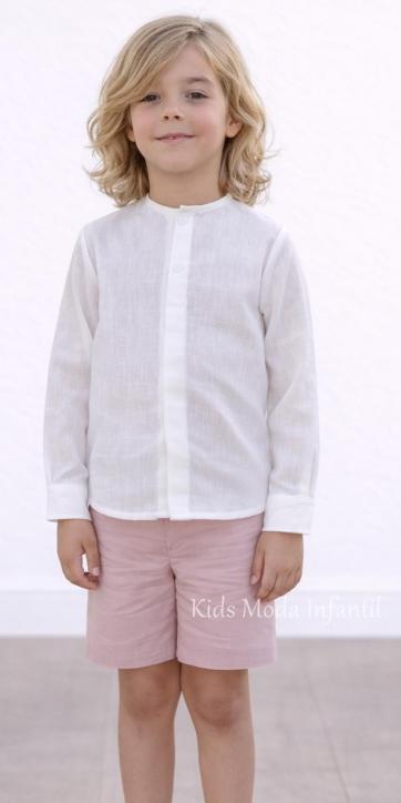 Conjunto ceremonia y arras niño camisa blanco roto y pantalón chino rosa empolvado | Eva Martínez Artesanía [0]