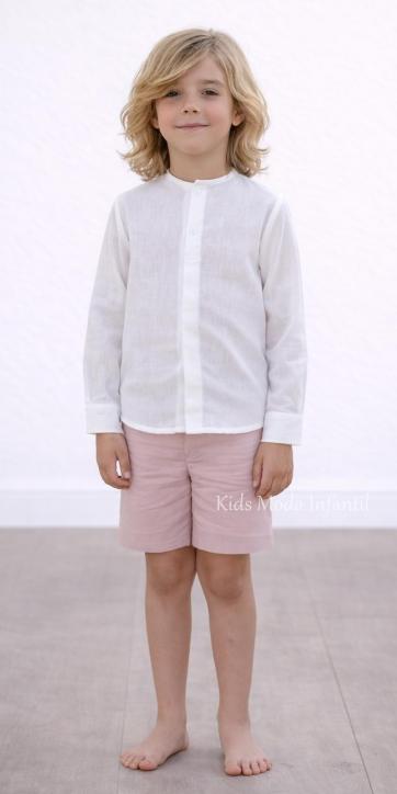 Conjunto ceremonia y arras niño camisa blanco roto y pantalón chino rosa empolvado | Eva Martínez Artesanía [1]