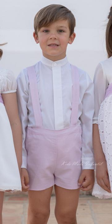 Conjunto Ceremonia y Arras Niño 2026 Familia 1 Eva Martínez Artesanía – Camisa Popelín y Peto Lino Lila