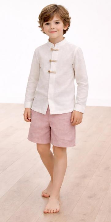 Conjunto ceremonia niño lino blanco roto y bermuda rosa empolvado Basmarti | Kids Moda Infantil [1]
