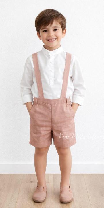 Conjunto ceremonia niño camisa y peto con tirantes rosa empolvado de Eva Martinez Artesania