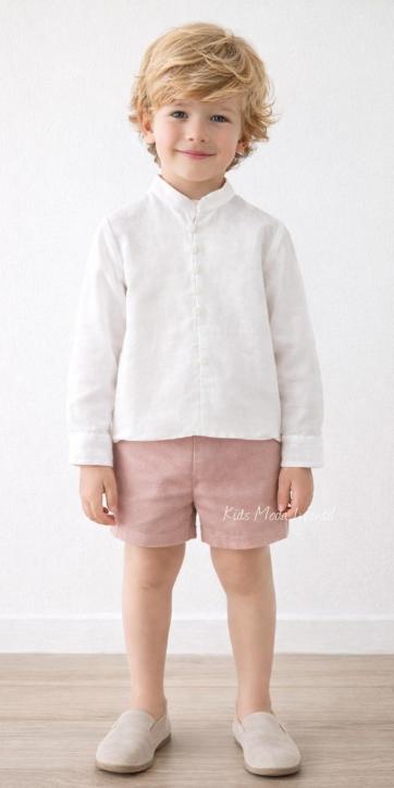 Conjunto ceremonia bebe camisa blanco roto lino y pantalón corto rosa empolvado Eva Martínez Artesanía