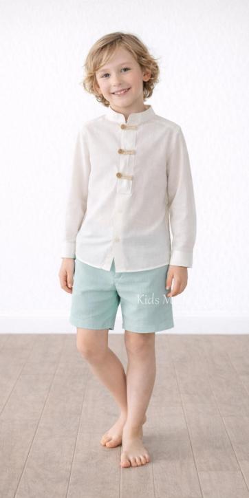 Conjunto ceremonia niño lino blanco roto y bermuda verde agua Basmarti | Kids Moda Infantil