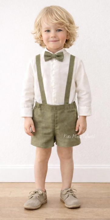 Conjunto ceremonia niño camisa y peto con tirantes verde oliva de Eva Martinez Artesanía [2]