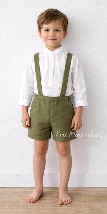 Conjunto ceremonia niño camisa y peto con tirantes verde oliva de Eva Martinez Artesania