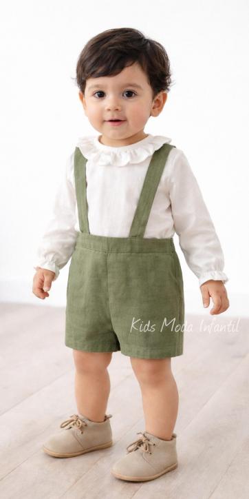 Conjunto ceremonia arras niño camisa canastilla y peto con tirantes verde oliva de Eva Martinez Artesanía [0]