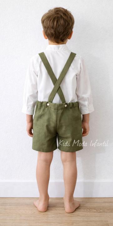 Conjunto ceremonia niño camisa y peto con tirantes verde oliva de Eva Martinez Artesania [2]