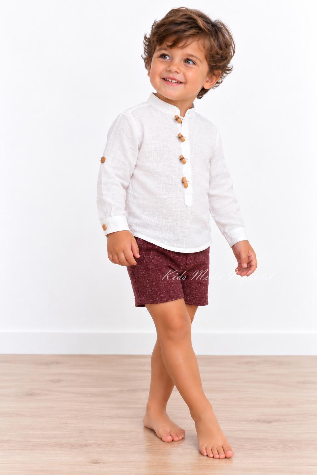 Conjunto Ceremonia Bebé y Niño Camisa Lino Blanco Roto y Pantalón Burdeos
