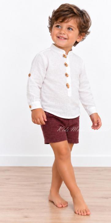 Conjunto Ceremonia Bebé y Niño Camisa Lino Blanco Roto y Pantalón Burdeos [0]