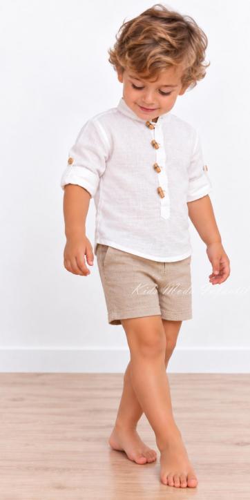 Conjunto Ceremonia Bebé y Niño Camisa Lino Blanco Roto y Pantalón Camel [1]