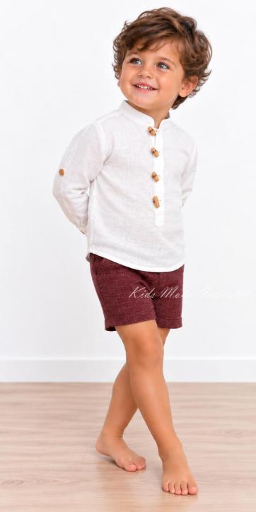 Conjunto Ceremonia Bebé y Niño Camisa Lino Blanco Roto y Pantalón Burdeos [1]
